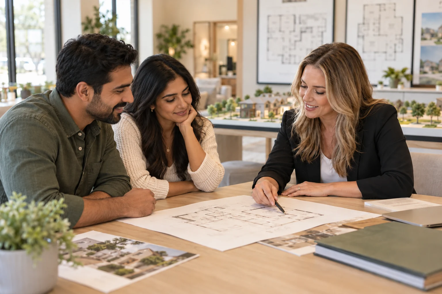 Home buyers reviewing a floor plan with a sales consultant