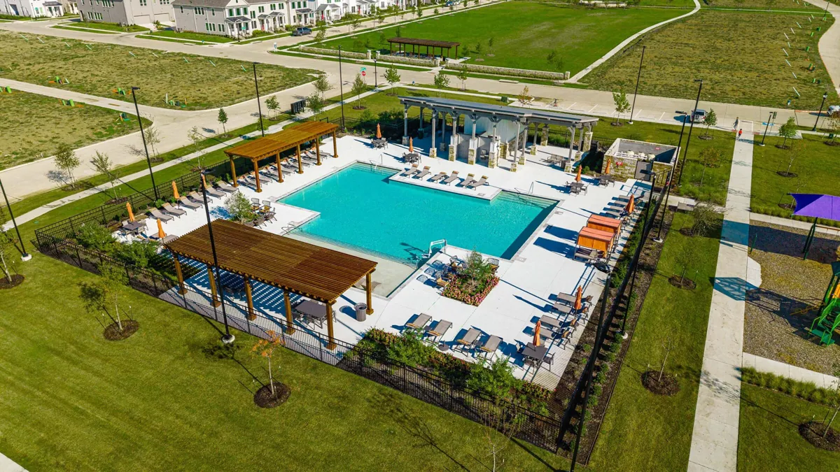 Aerial photograph of Hazelwood’s community pool and shaded seating areas