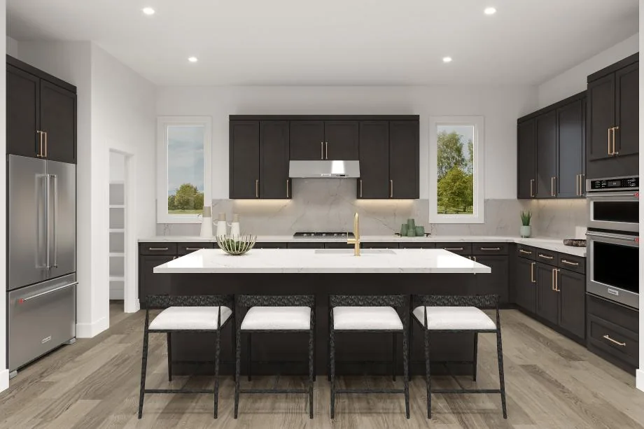 Representative Bellhaven kitchen rendering with island and dark cabinetry