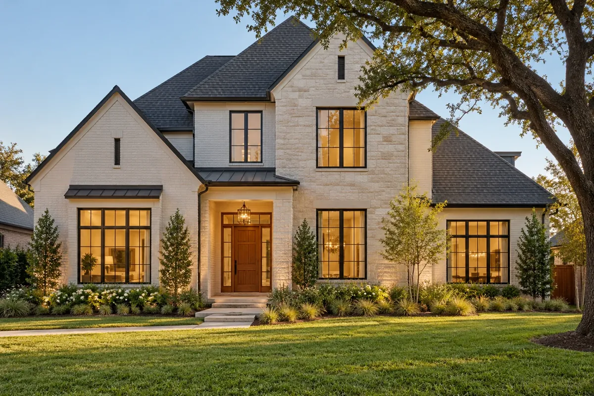 White stone house with a landscaped front yard