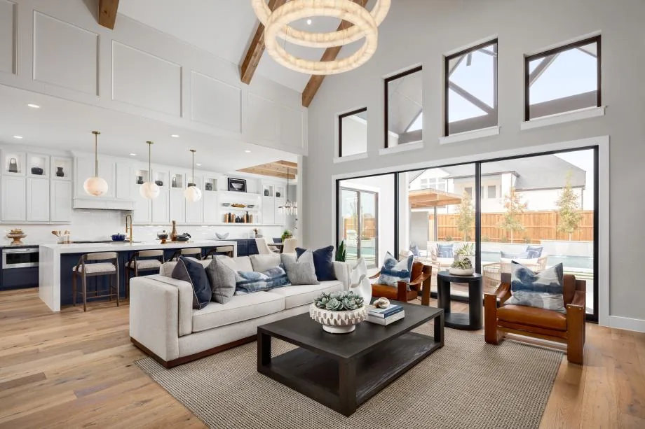 Great room and kitchen in the Luxembourg model at Oakbridge Crossing