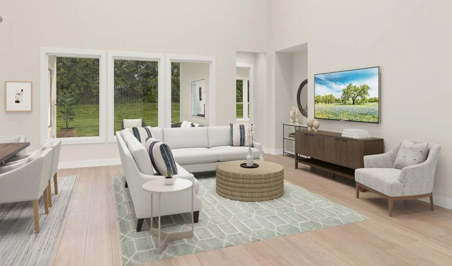 Representative Westway great-room rendering with seating and large windows