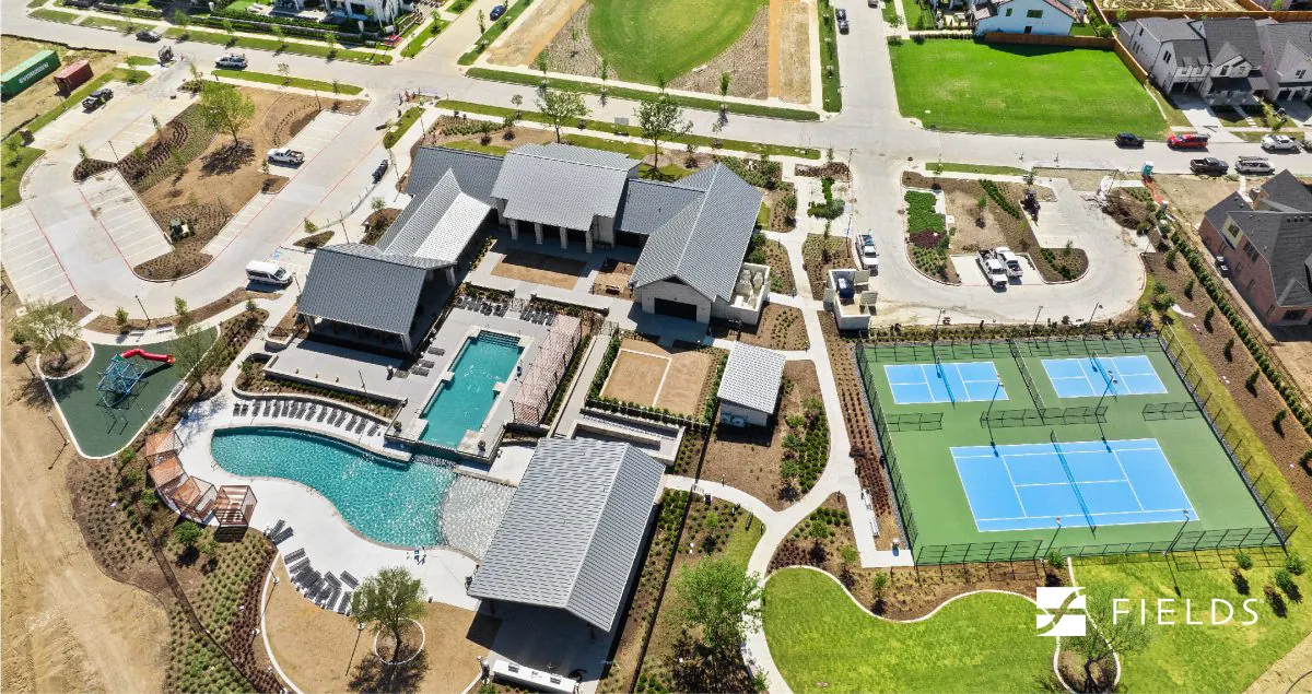 Aerial photograph of Brookside Club with its pool, clubhouse, and sports courts