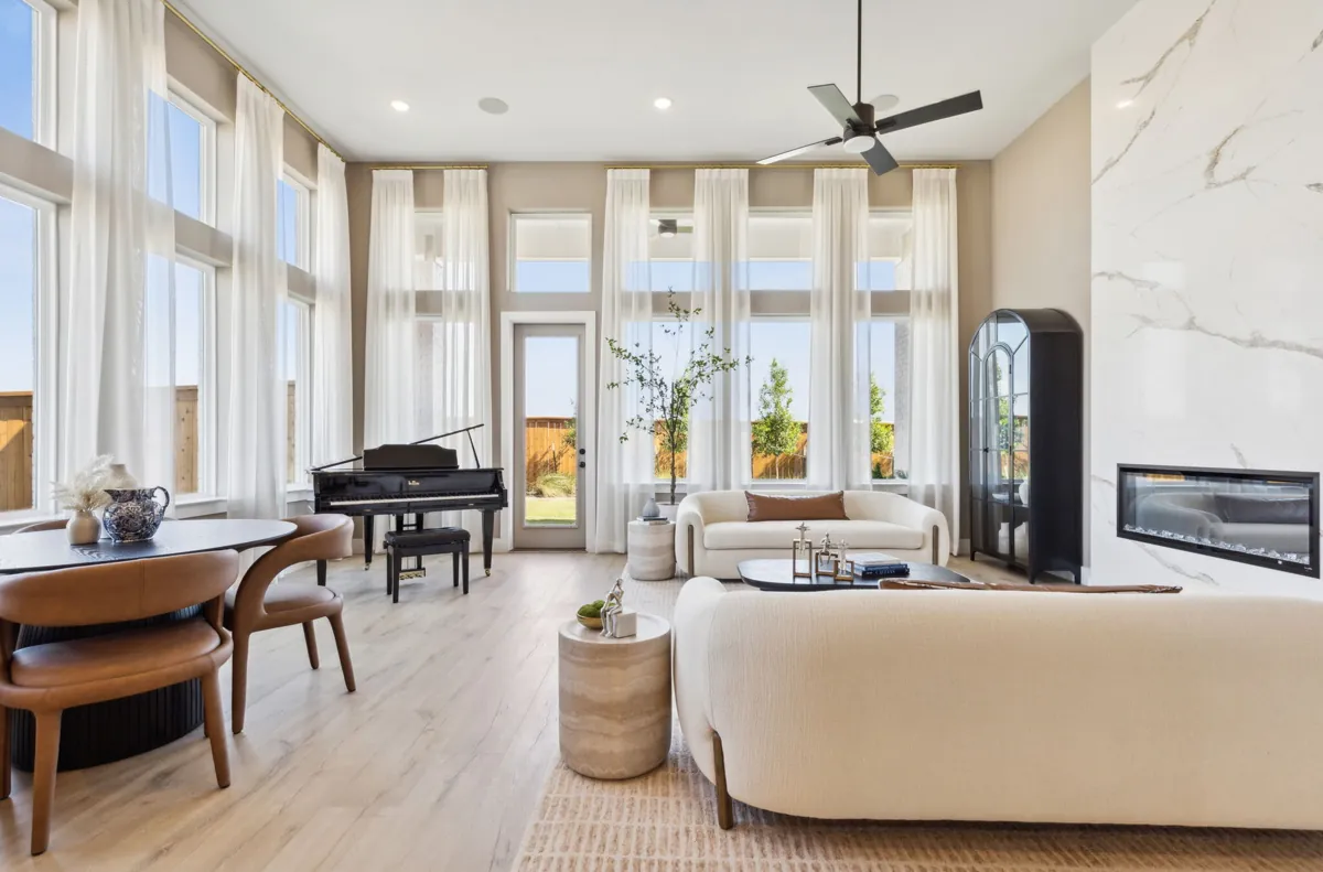 Two-story family room in Normandy’s Genevieve model at Hazelwood